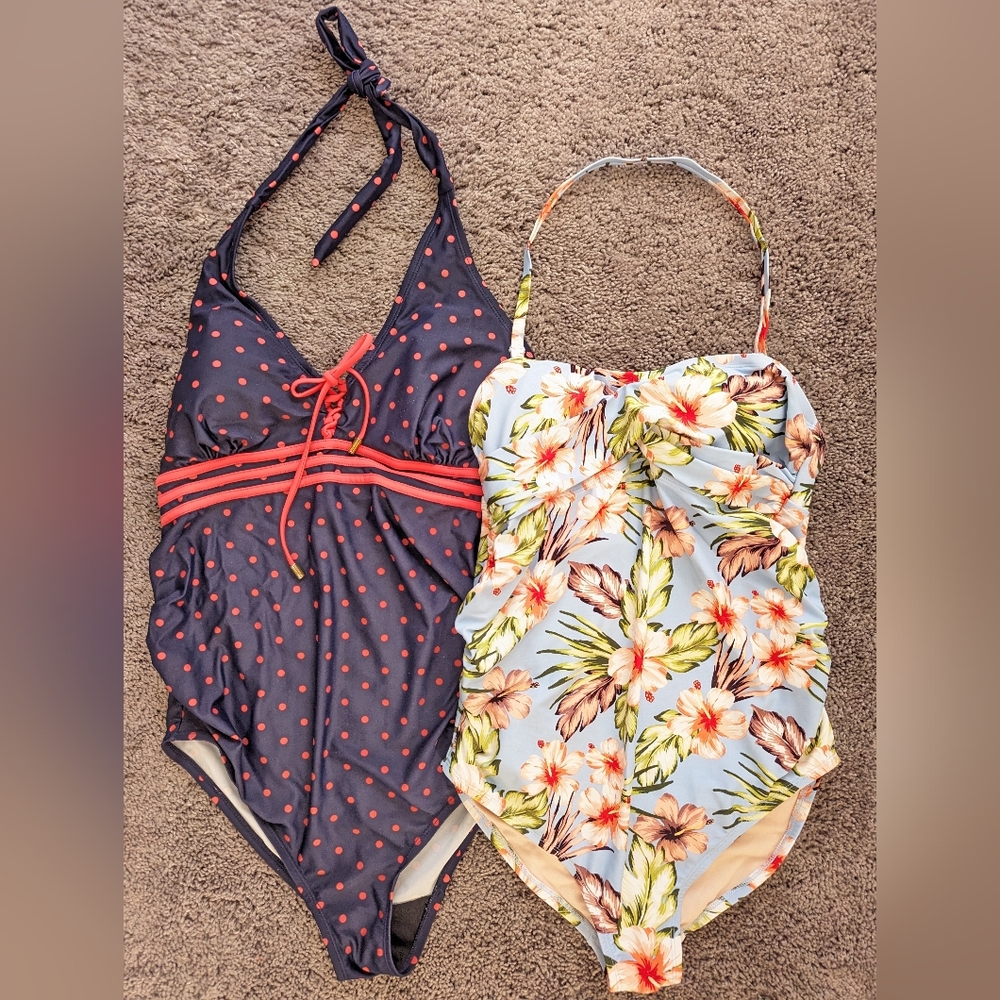 Polka Dot Navy & Floral Blue One-Piece Swimsuits - Women Swim